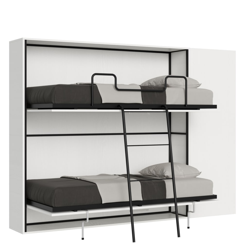 Lit escamotable horizontal superposé av.matelas effet bois frêne blanc