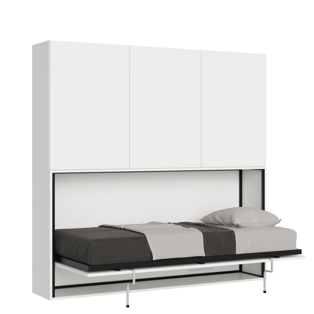 Lit escamotable horizontal 1couchage av.matelas effet bois frêne blanc