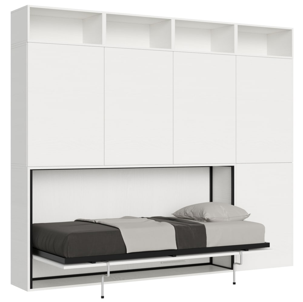 Lit escamotable horizontal 1couchage av.matelas effet bois frêne blanc