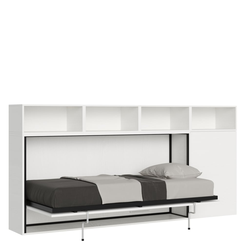 Lit escamotable horizontal 1couchage av.matelas effet bois frêne blanc
