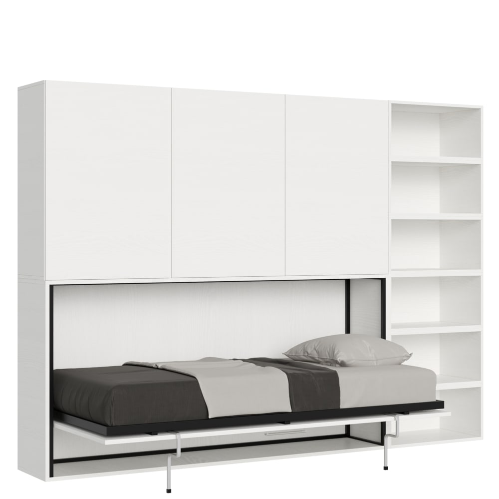 Lit escamotable horizontal 1couchage av.matelas effet bois frêne blanc