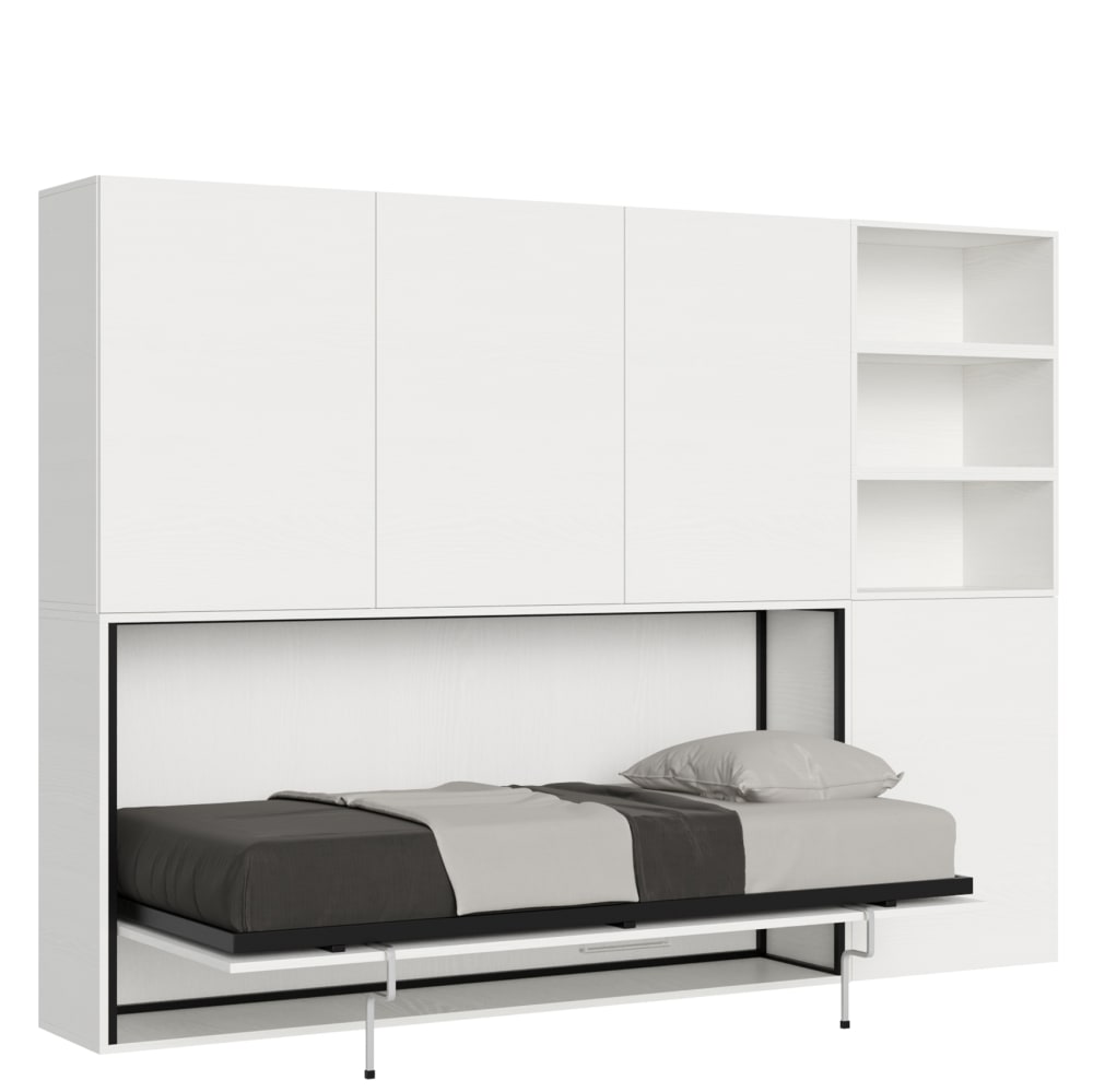 Lit escamotable horizontal 1couchage av.matelas effet bois frêne blanc