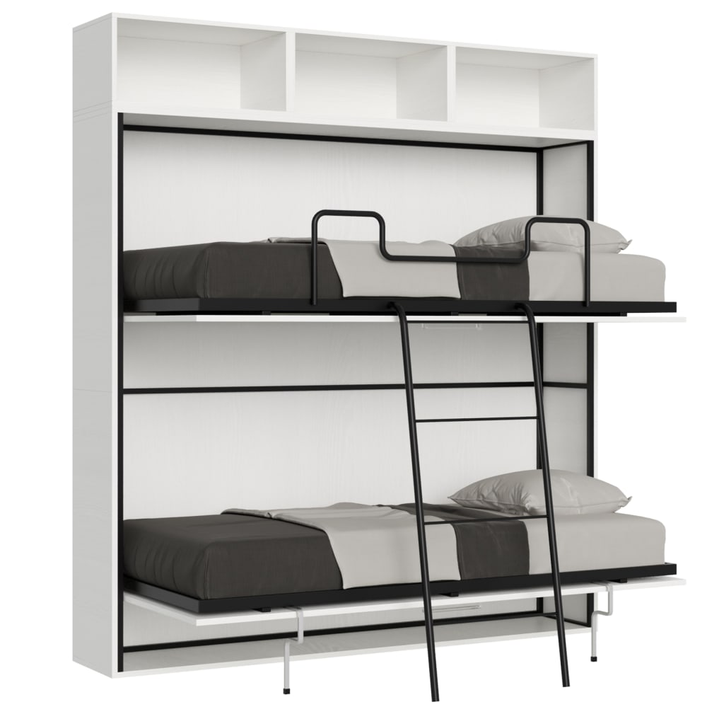 Lit escamotable horizontal superposé av.matelas effet bois frêne blanc