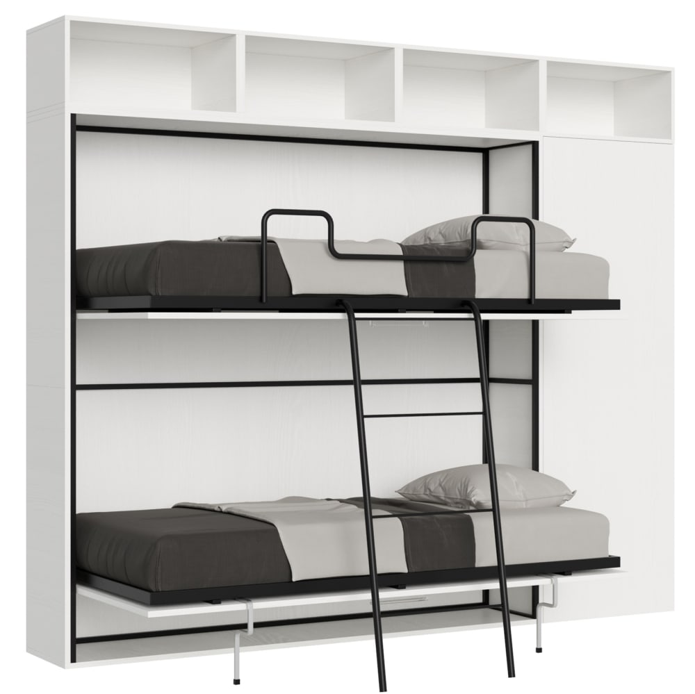 Lit escamotable horizontal superposé av.matelas effet bois frêne blanc