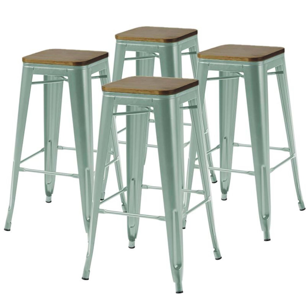 Lot de 4 tabourets de bar en métal mat vert gris et bois