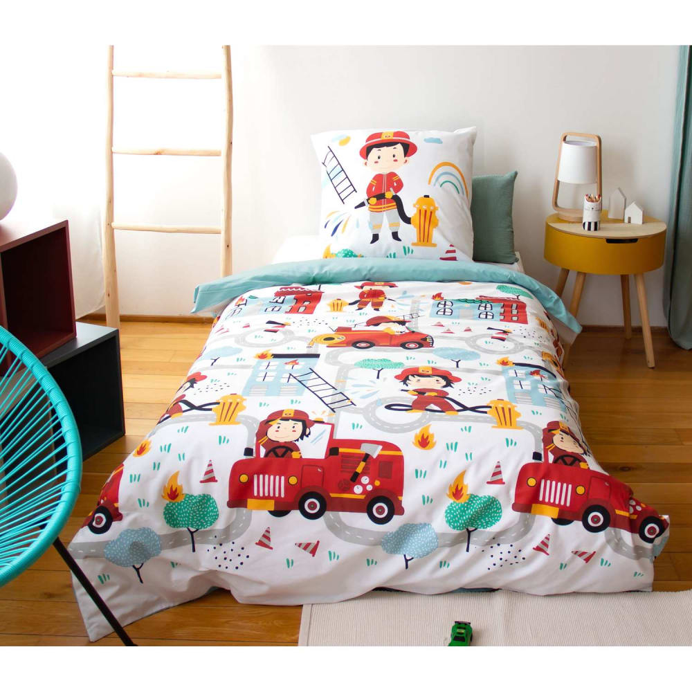 Parure de lit enfant pompier 100% coton adouci 57 fils 140 x 200 - Maisons du Monde