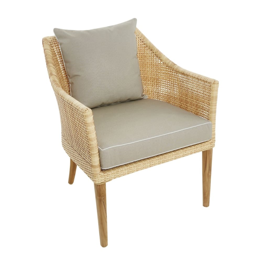 Fauteuil de jardin en résine beige imitation rotin