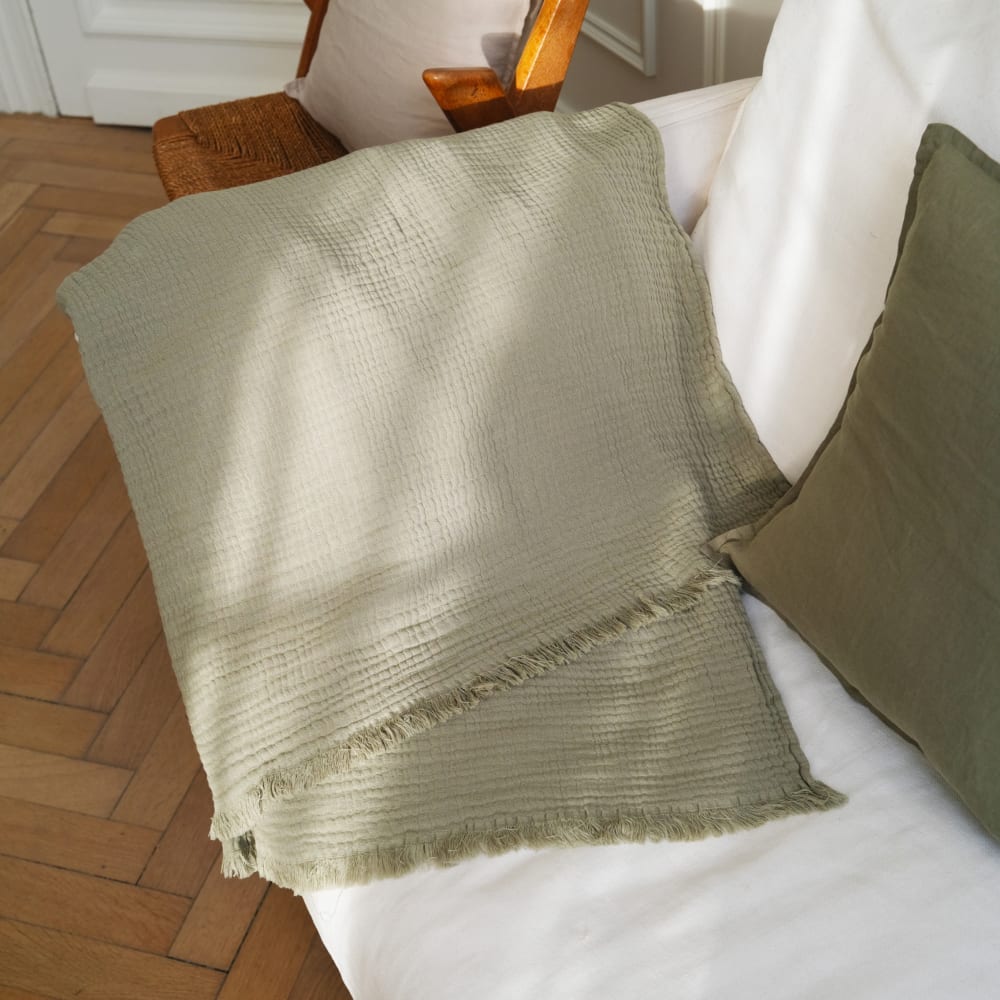 Plaid en gaze de coton avec franges Kaki 110x170cm