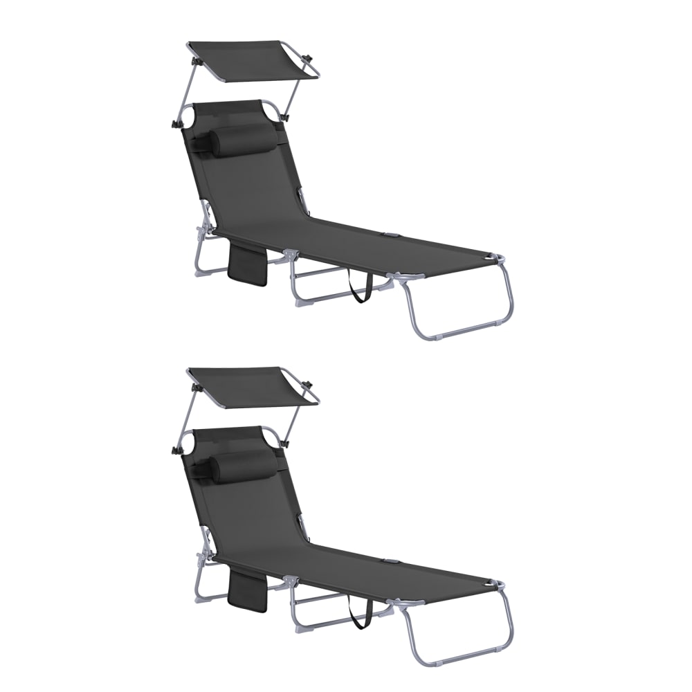 Lot de 2 bains de soleil pliable position réglable avec parasol - noir