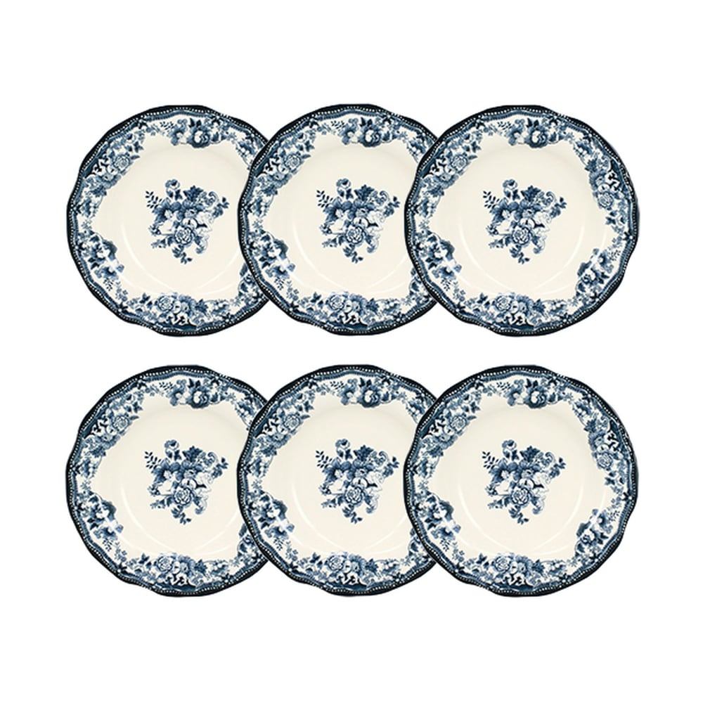 Lot de 6 assiettes creuses fleuries en grès bleu 22cm Lot de 6 assiettes creuses fleuries en grès bleu 22cm