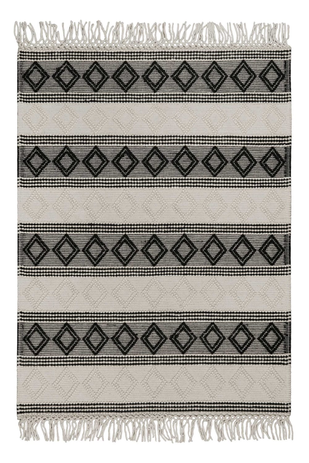 Tapis kilim ethnique tissé à franges et relief noir et blanc 200x290