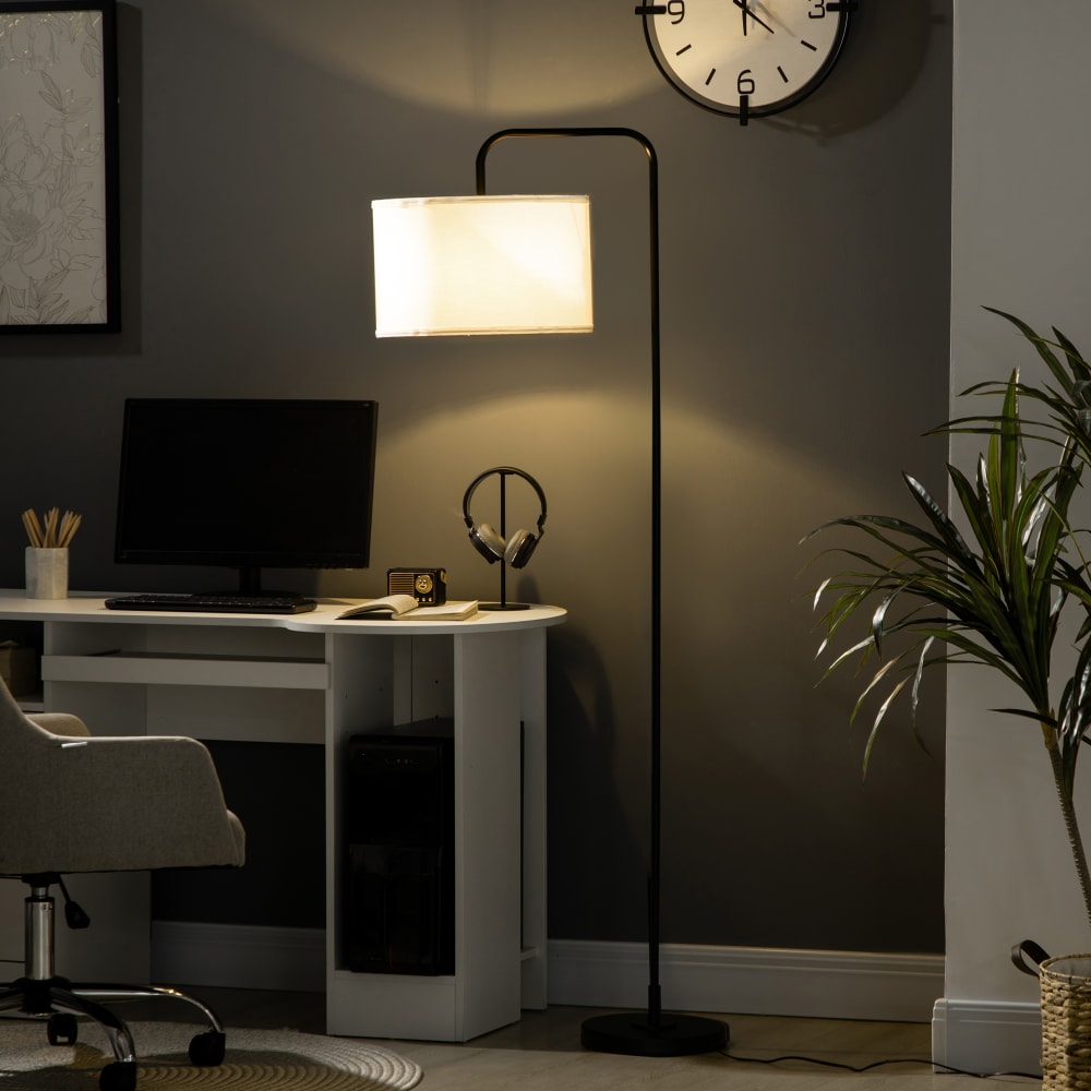 Lampadaire néo-rétro H.163cm acier noir abat-jour aspect lin blanc - Maisons du Monde
