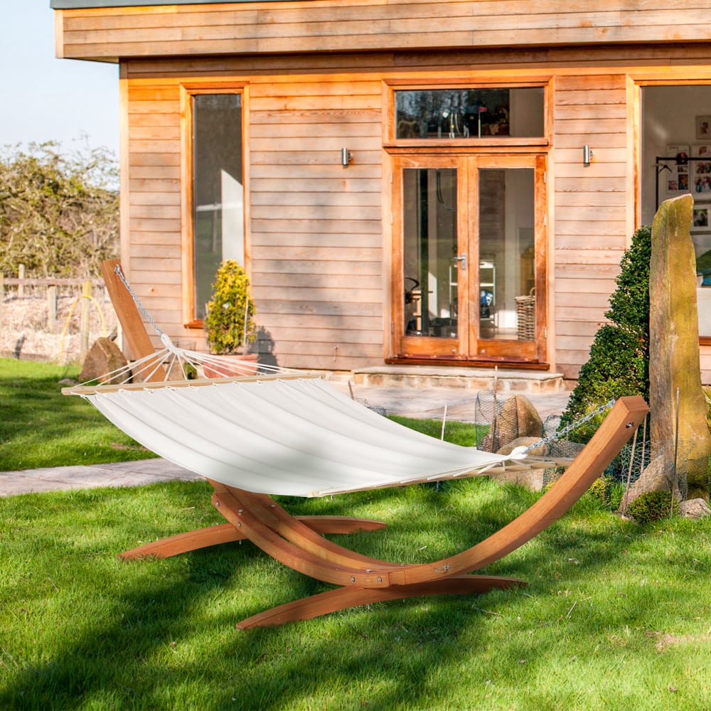Hamac de jardin 1 personne avec support en bois toile coton blanc - Maisons du Monde