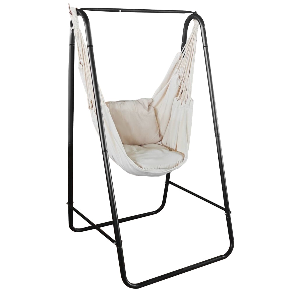 Chaise suspendue jardin avec support et coussin acier noir coton beige