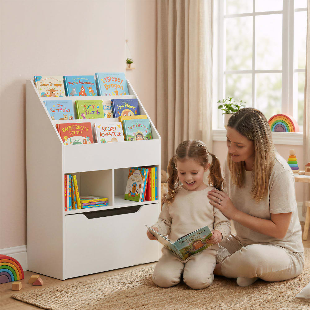 Bibliothèque multi-rangement 3 étagères 2 niches grand tiroir blanc - Maisons du Monde