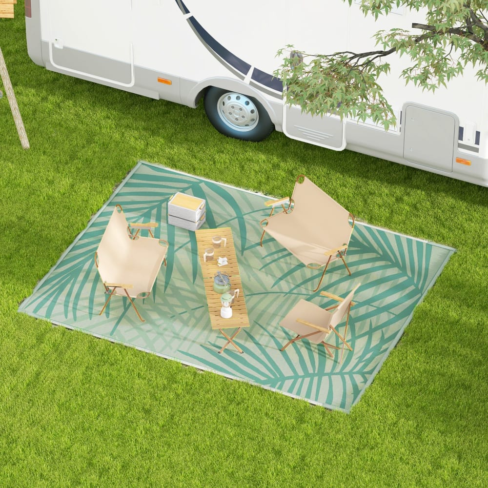 Tapis d'extérieur réversible motif feuillage sac inclus PP vert crème