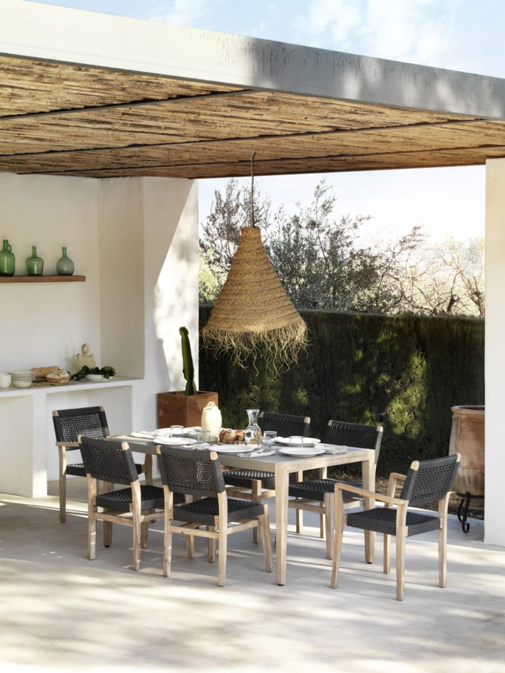 Lot de 4 chaises en acacia avec tressage en corde grise