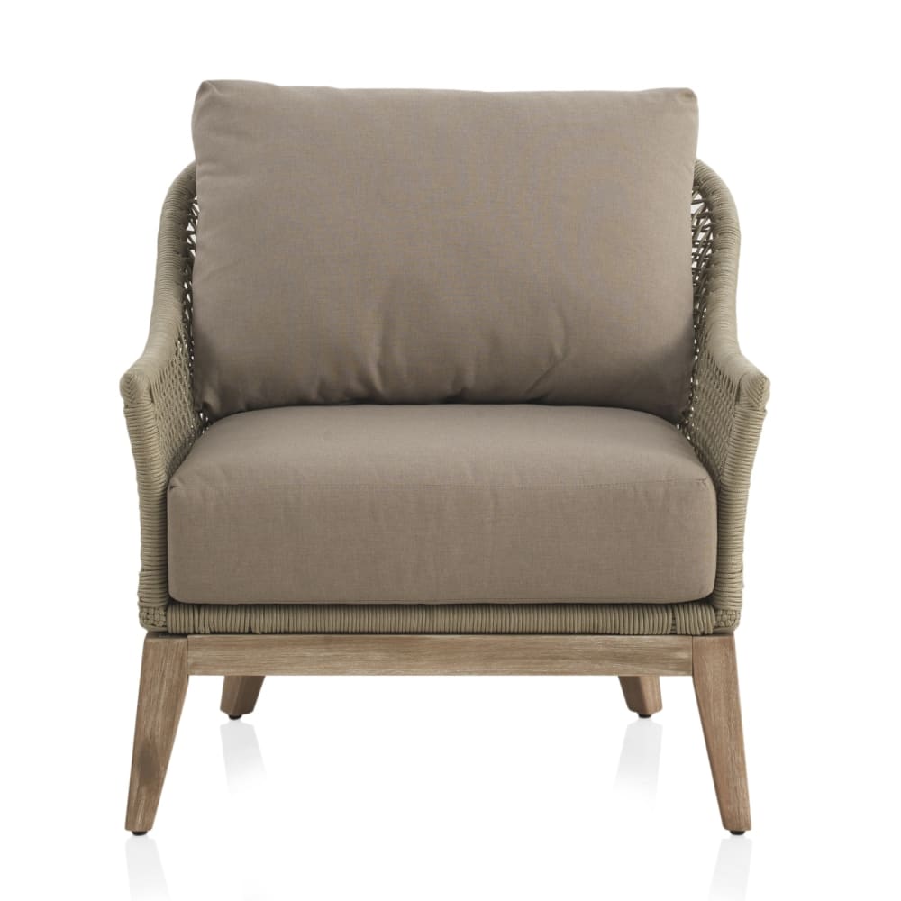 Fauteuil en acacia tressé et coussins taupe