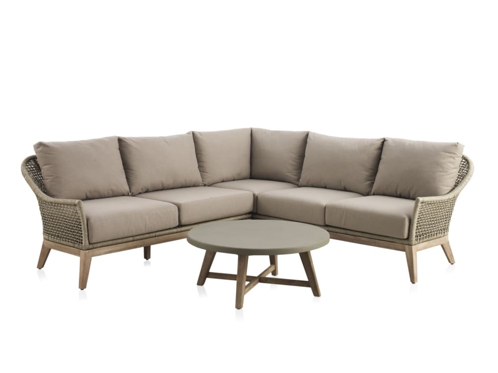 Salon 3 pièces en bois d'acacia, tressage de corde et coussins taupe
