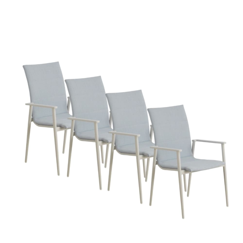 Lot de 4 fauteuils en aluminium blanc avec toile rembourrée bleu clair