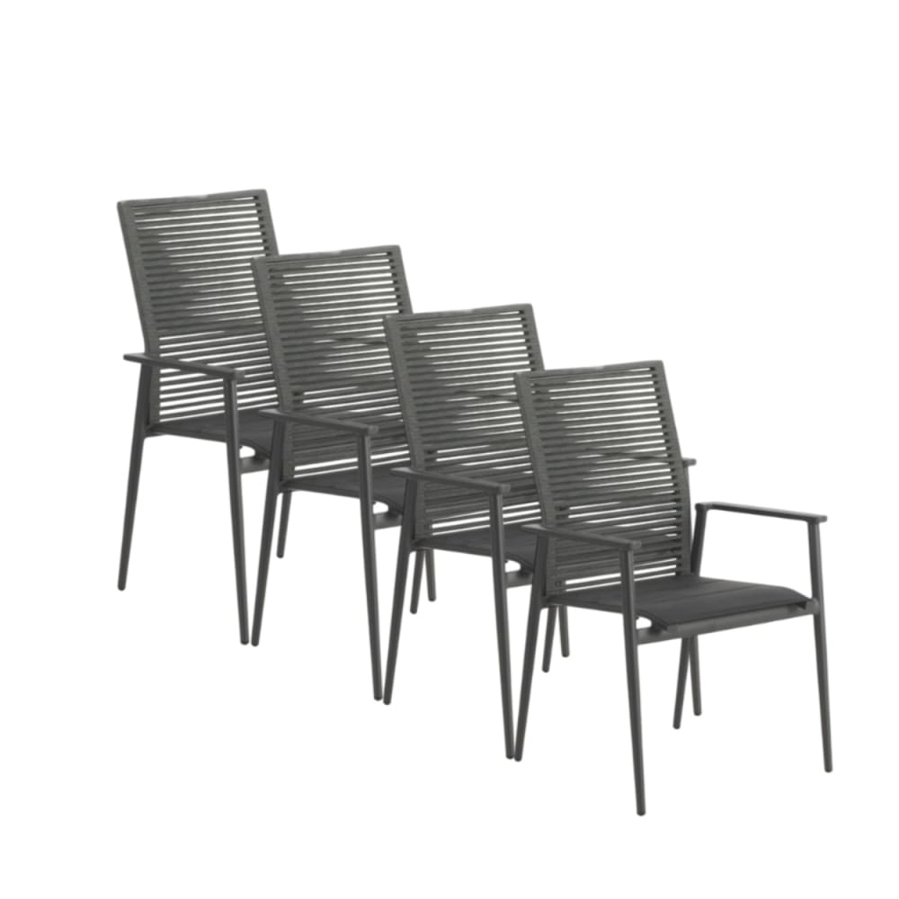 Lot de 4 fauteuils en aluminium gris et dossier en corde tressée verte