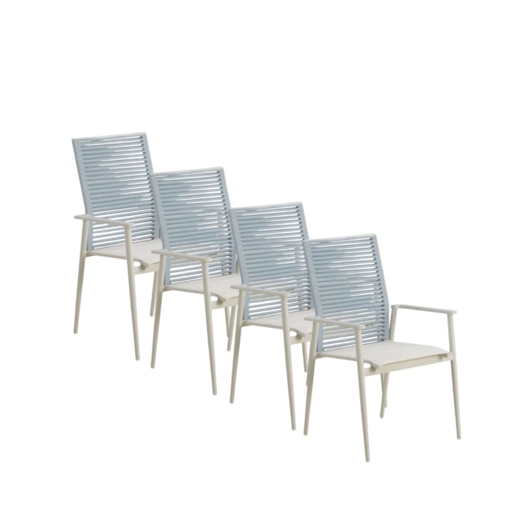 Lot de 4 fauteuils en aluminium blanc, dossier en corde tressée bleue