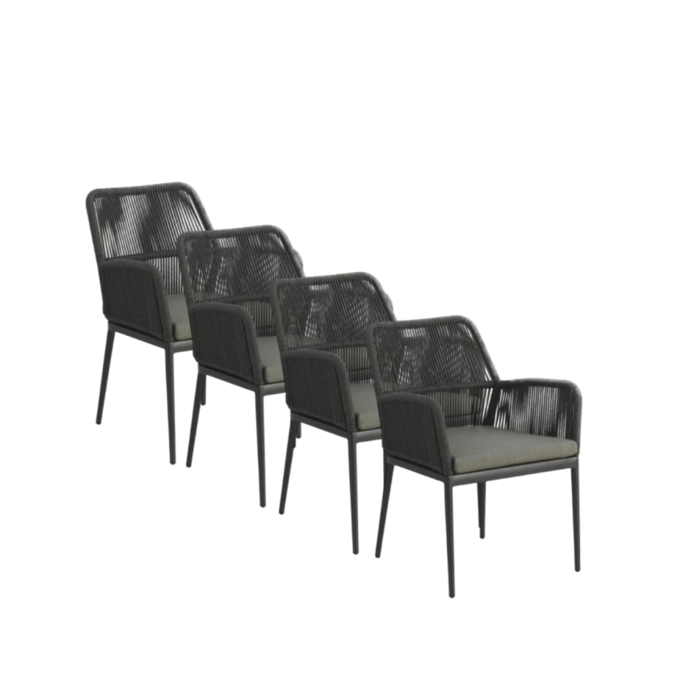 Lot de 4 fauteuils en aluminium gris et tressage de corde vert