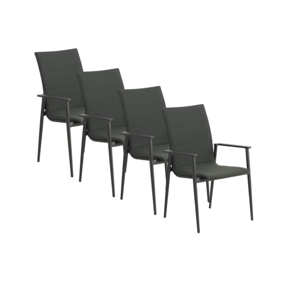 Lot de 4 fauteuils en aluminium gris foncé avec coussins vert noirâtre