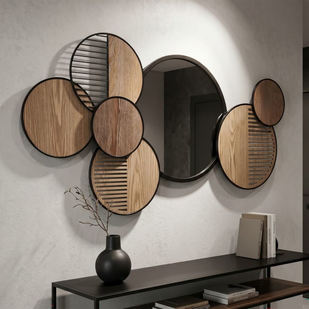 Mauro Ferretti Dekospiegel Kreise aus Metall und Holz, 123,2 x 63,5 cm, schwarz style modern Braun Metall