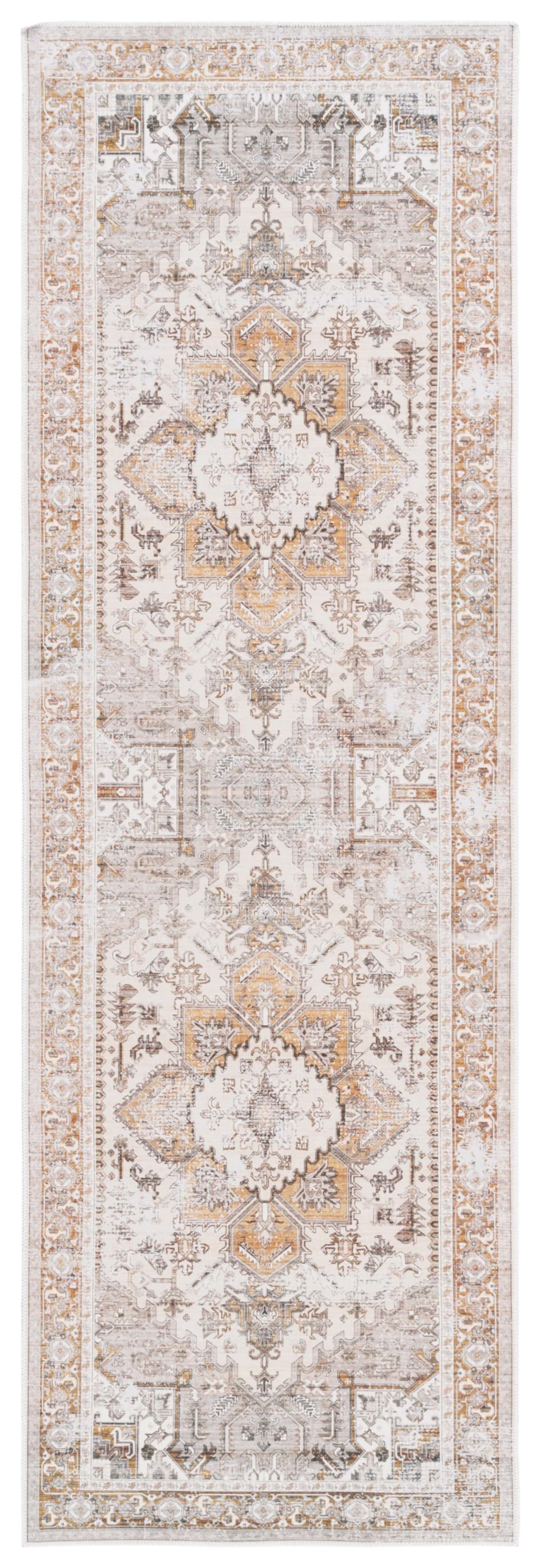 Tapis traditionnel en polyester beige/or, 76 x 244 cm