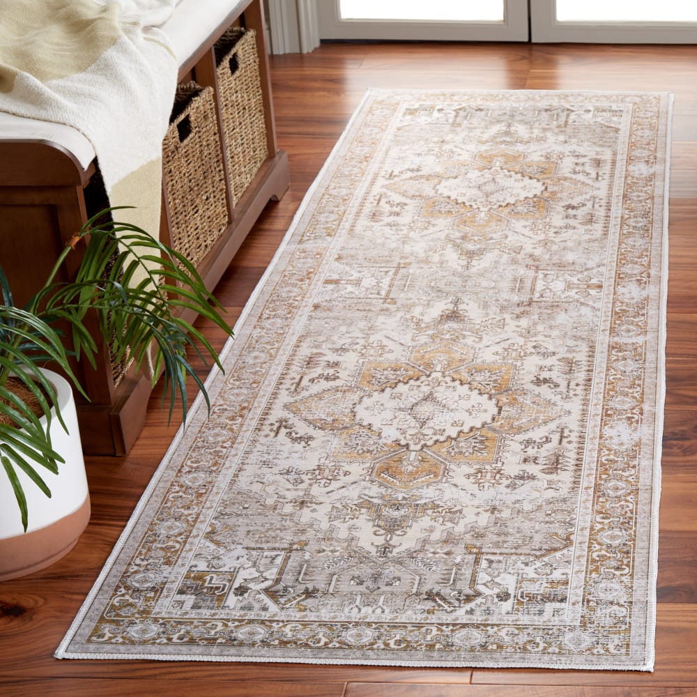 Tapis traditionnel en polyester beige/or, 76 x 244 cm — vue 3