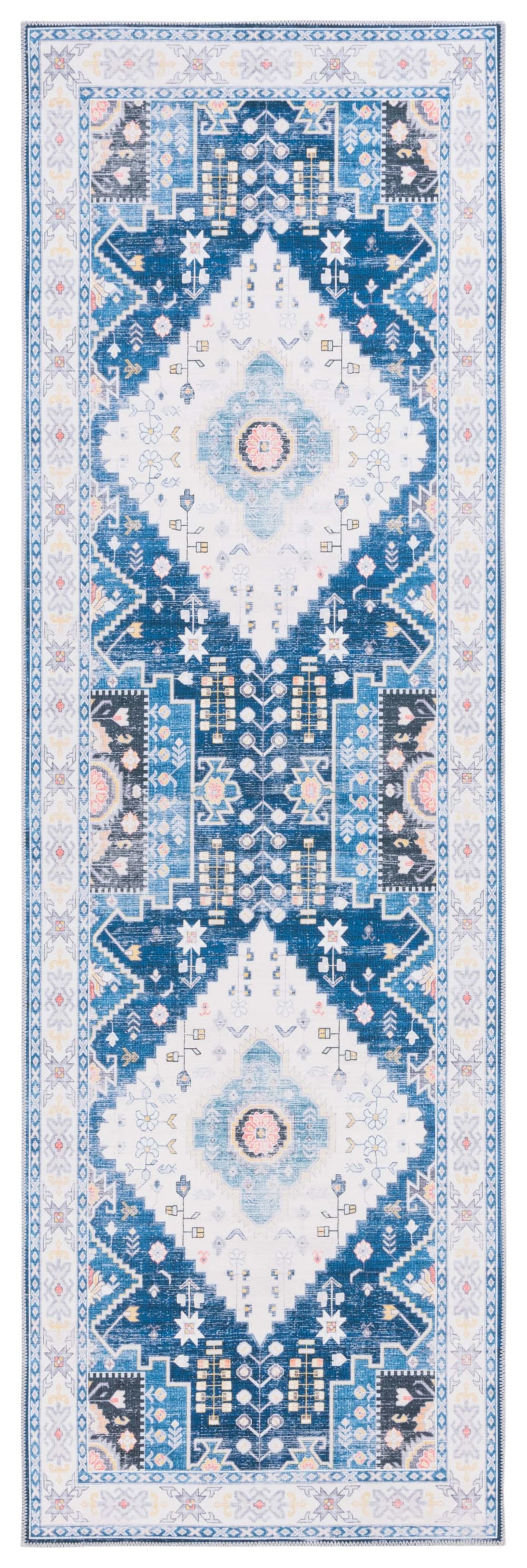 Tapis traditionnel en polyester bleu/blanc, 76 x 244 cm