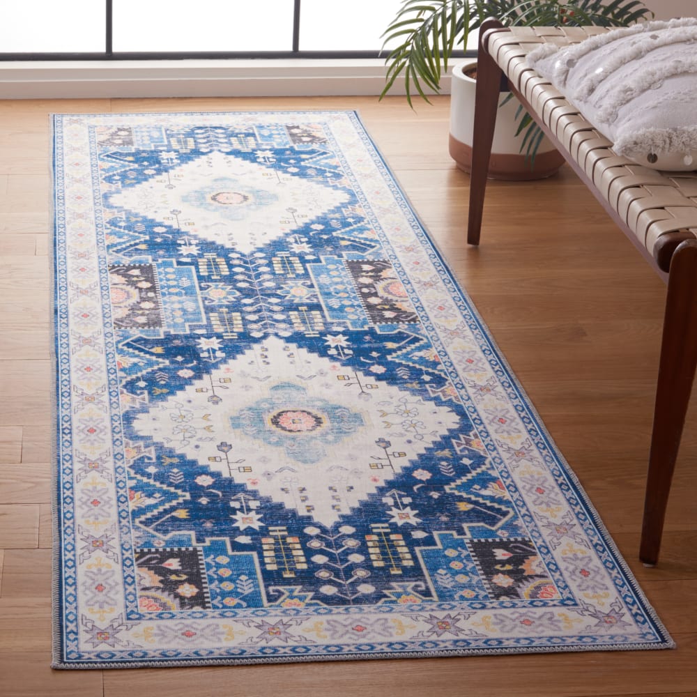 Tapis traditionnel en polyester bleu/blanc, 76 x 244 cm — vue 3