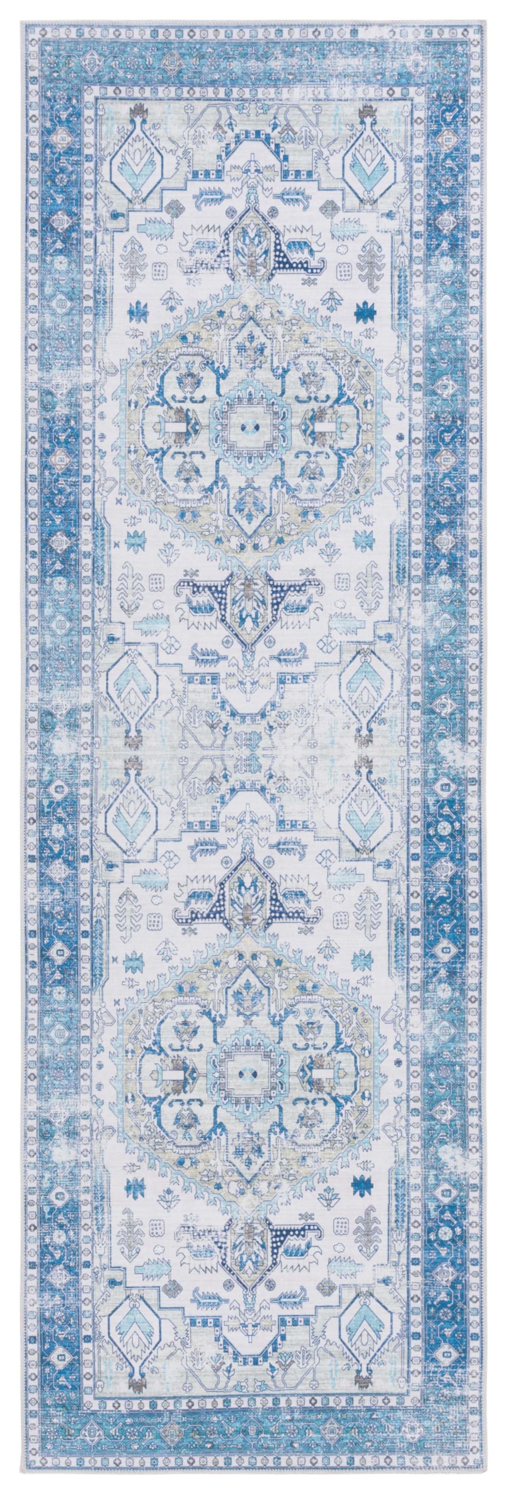 Tapis traditionnel en polyester beige/bleu, 76 x 244 cm