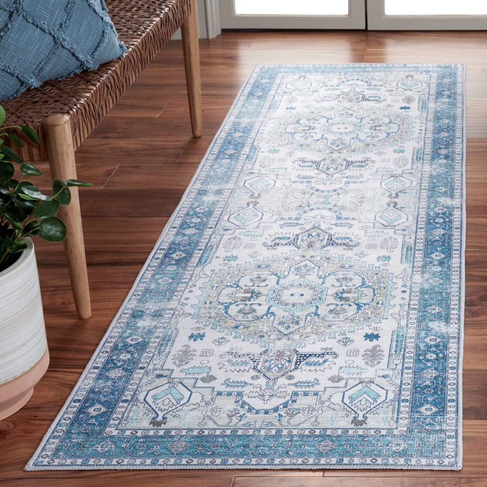 Tapis traditionnel en polyester beige/bleu, 76 x 244 cm — vue 3