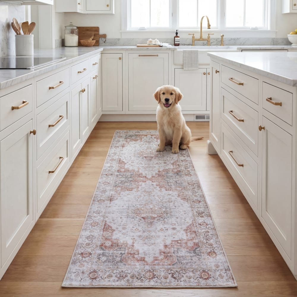 Tapis traditionnel en polyester gris/orange, 76 x 244 cm — vue 3