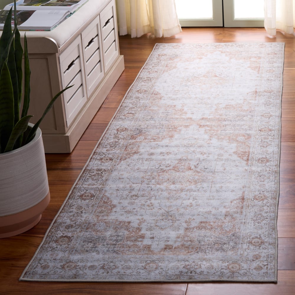 Tapis traditionnel en polyester gris/orange, 76 x 244 cm — vue 4