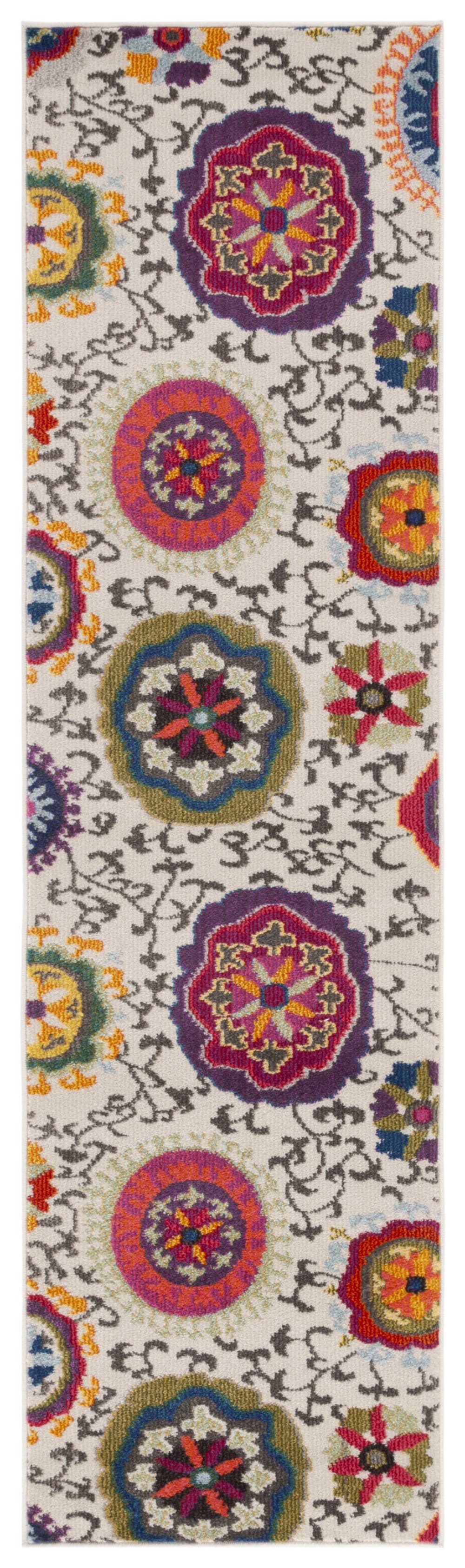 Tapis bohème chic en polypropylène blanc/multicolore, 66 x 183 cm