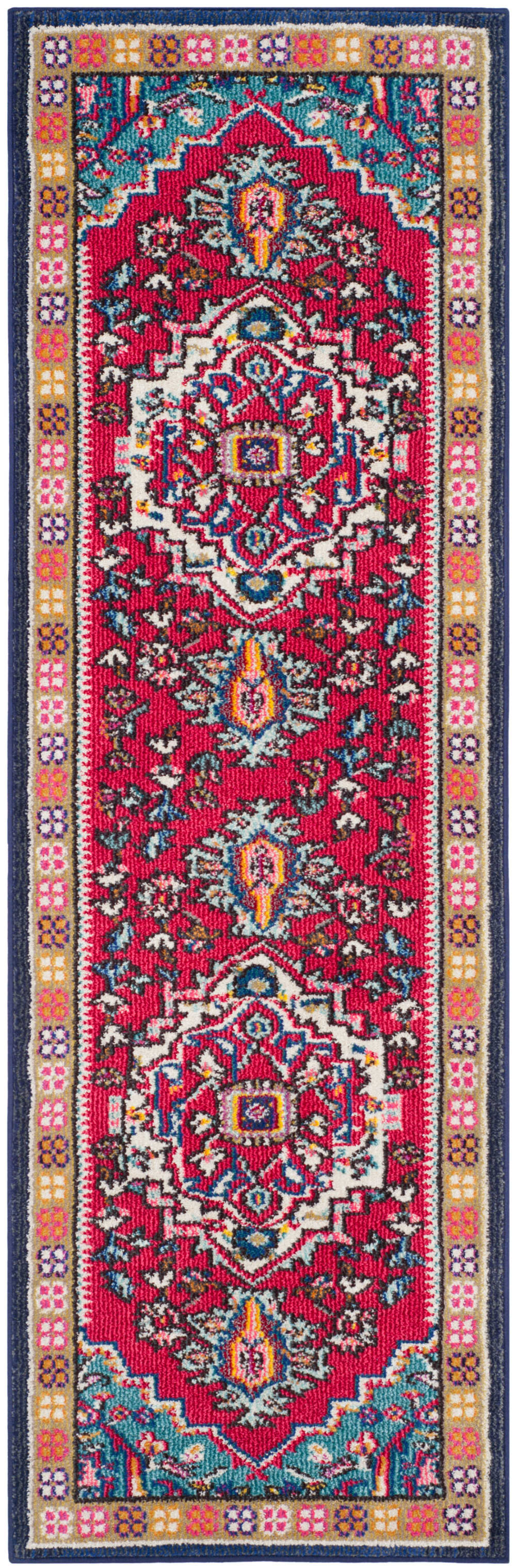 Tapis bohème chic en polypropylène rouge/bleu, 66 x 183 cm