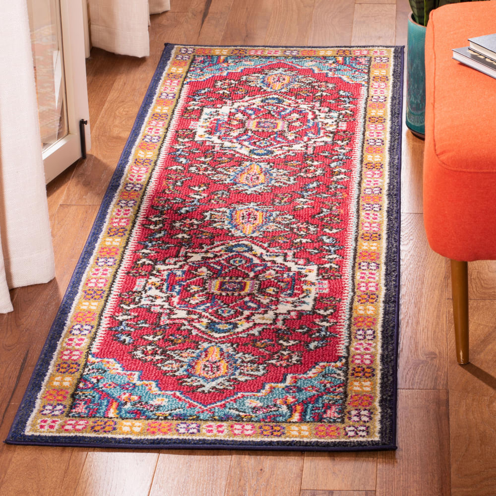 Tapis bohème chic en polypropylène rouge/bleu, 66 x 183 cm — vue 3