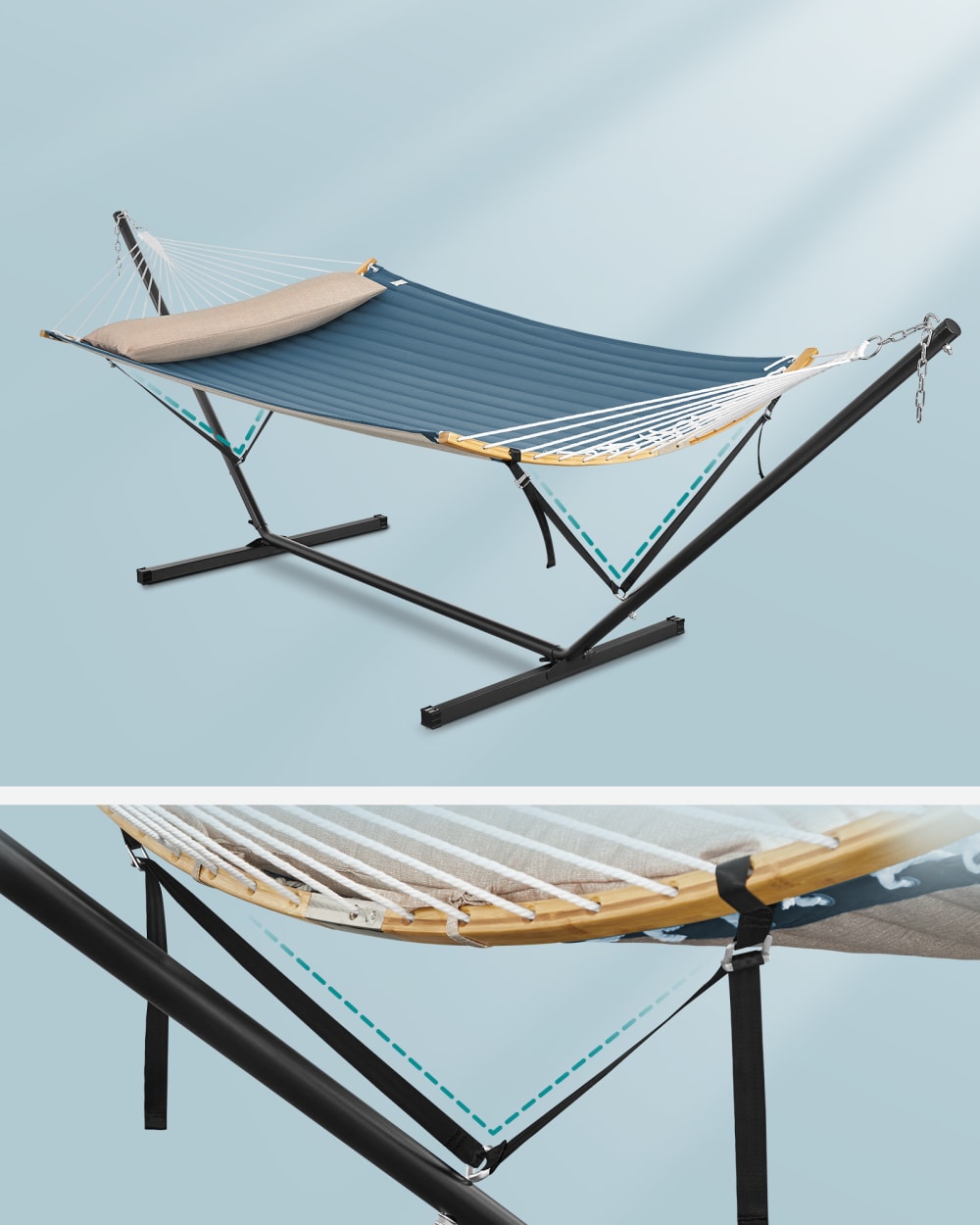 Hamac avec support pour jardin barre de soutien double noire et bleu