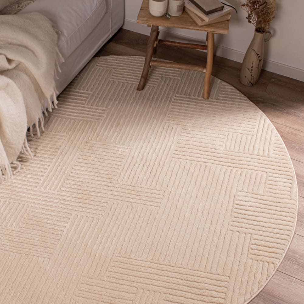 Nazar Runder Teppich mit reliefgeometrischem Muster - Creme - D160 cm style classic chic Weiß Öko-Tex Zertifikat Pvc - Polyvinlychlorid