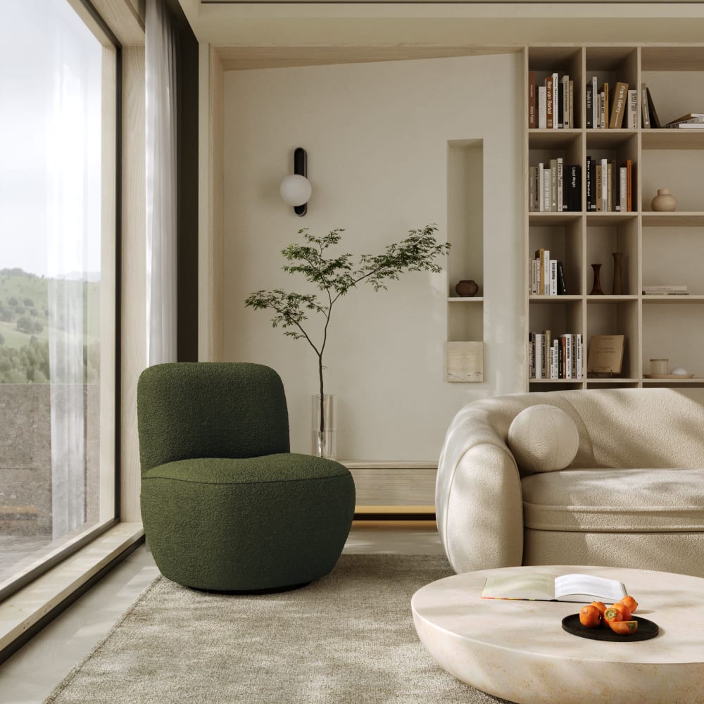 Fauteuil de salon pivotant en tissu bouclette kaki