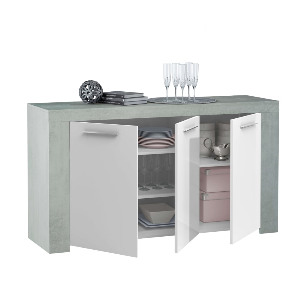 Buffet 3 portes L144cm - Blanc / Béton