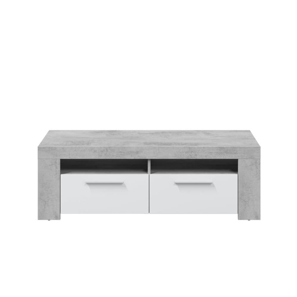 Meuble TV 2 portes et 2 niches de rangement L120cm - Blanc / Béton