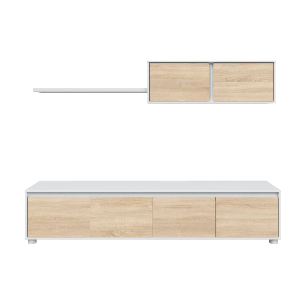 Meuble TV 4 portes avec étagère murale L200cm - Blanc / Bois