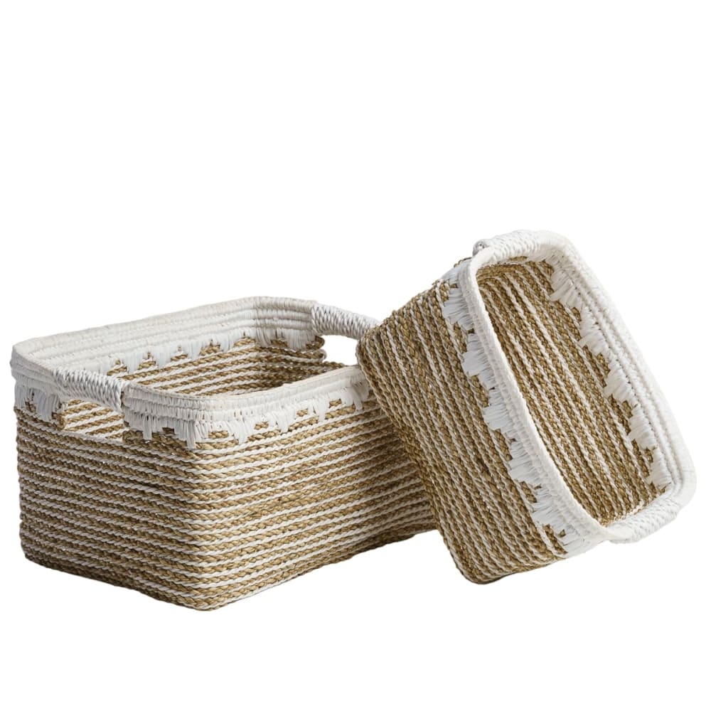 Wanda Collection Lot de 2 paniers de rangement rectangulaire xl-m style classique chic Blanc Fibres Naturelles