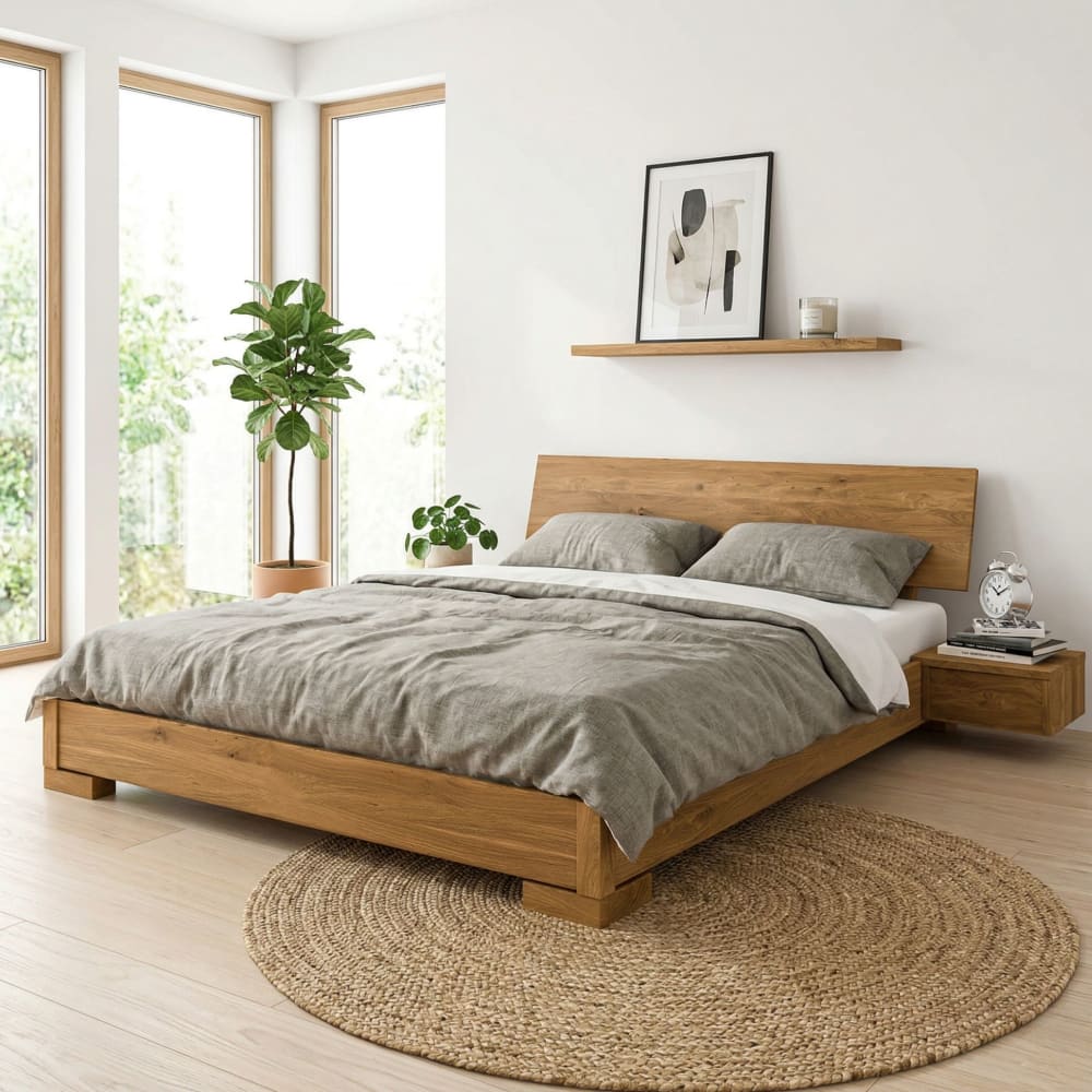 Lit en chêne massif clair avec tête de lit intégrée bois clair 160x200