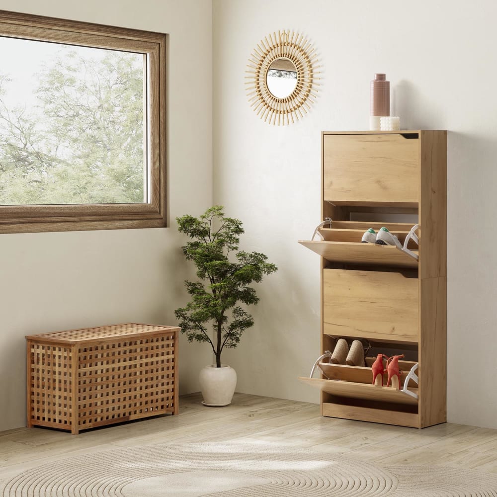 Meuble à chaussures 4 portes, couleur chêne clair, pour 24 paires