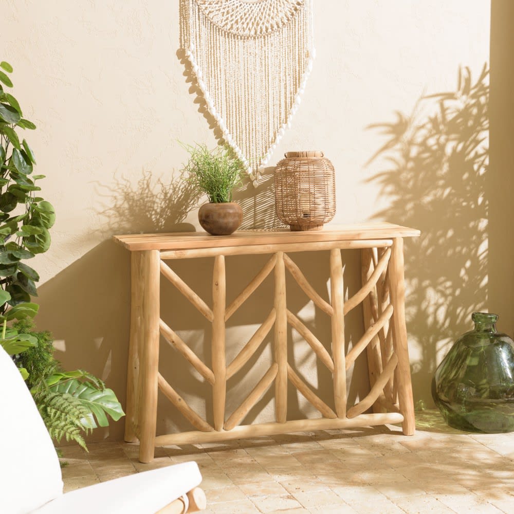 Console en teck naturel piètement ajouré